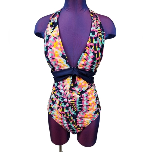 NWOT Clean Water Colorful Geometric‎ Print Halter One Piece Swimsuit Size XL - Picture 1 of 12